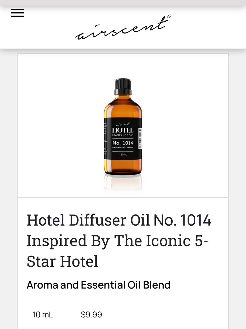 AirScent Hotel Diffuser Oil No. 1014 — Amber Bottle with Black Label - the ritz